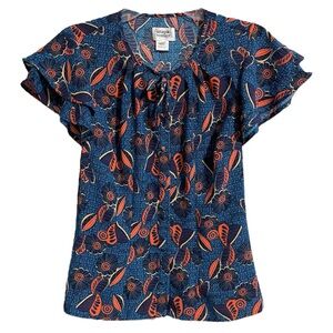 Unique Vintage Retro Pin Up Ruffle Sleeve Blouse Small Floral Leaf Button Front